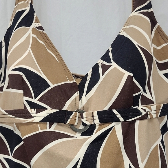 Swimwear Tank Top Brown Tan Cream Circle Cinch Built In Bra Coastal Cool Boho - Picture 6 of 7